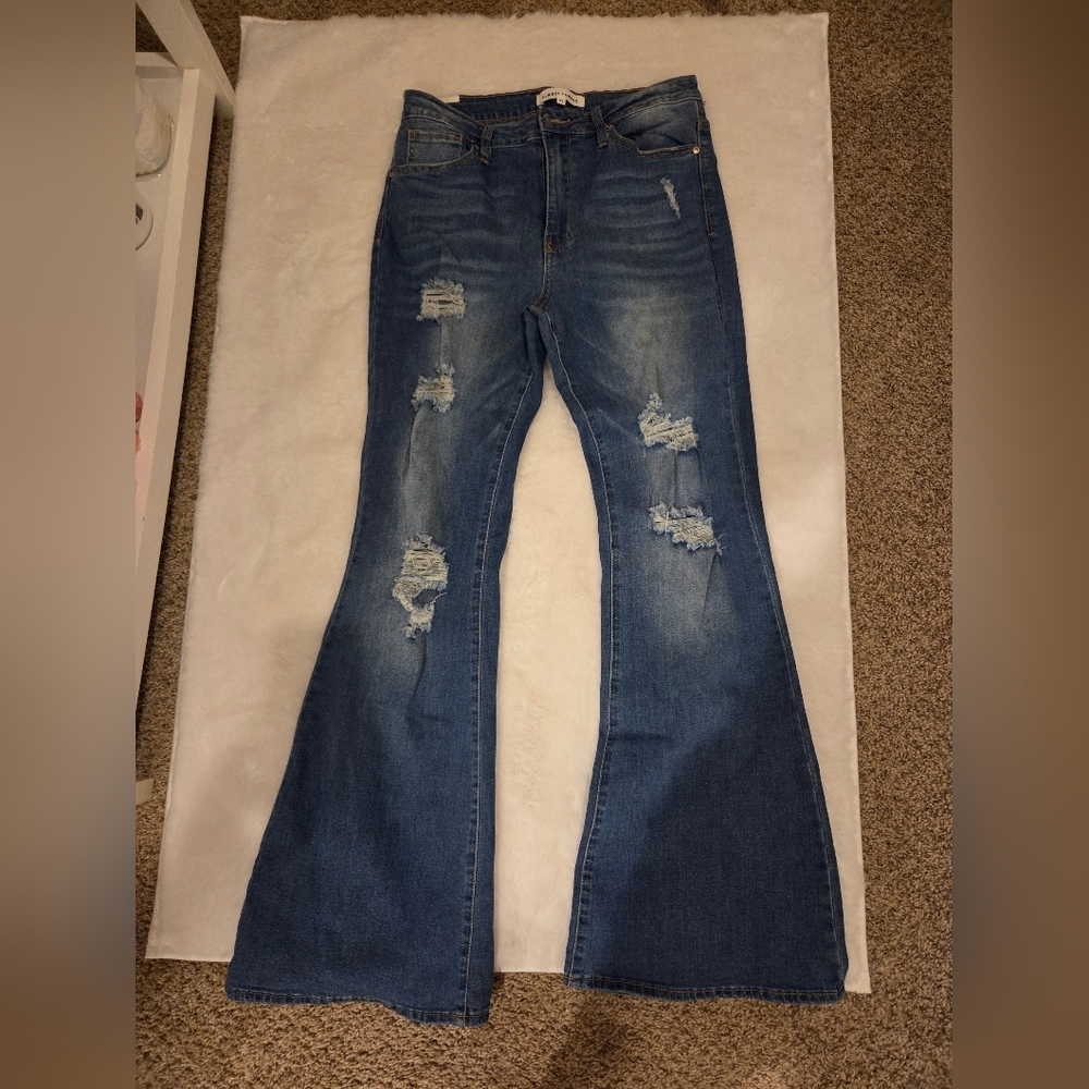 Almost Famous Distressed Flare Jeans in Dark Blue
